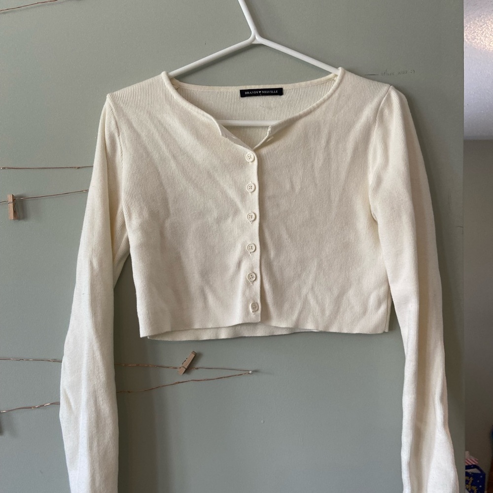 Brandy Melville cream/off white Athelia cropped button up long sleeve cardigan